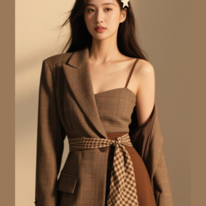 Elegant Korean-inspired brown plaid blazer dress with current aesthetic styling by Riti Fashion Designer.