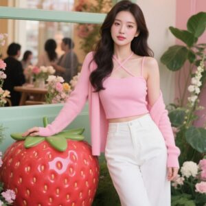 Woman wearing a blush pink ribbed knit halter crop top with crisscross straps, styled with high-waisted white trousers for a chic Korean-inspired casual look.