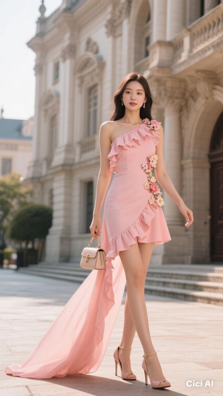 Blush Blossom One-Shoulder Ruffle Evening Dress | Luxury Pink Party Dress Woman wearing a blush pink one-shoulder evening dress with cascading ruffles, floral appliqués, and a flowing chiffon train, styled for an elegant luxury occasion.