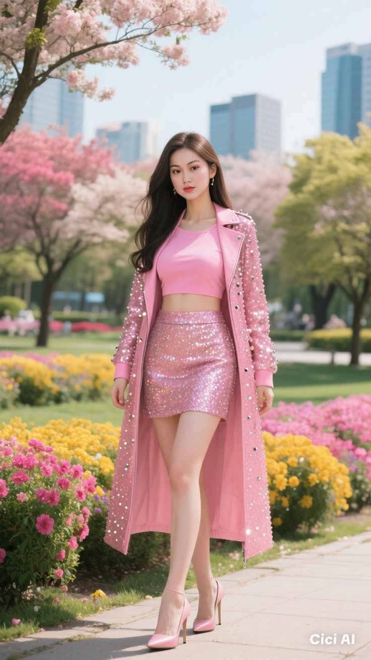Pink Sequin Korean Co-Ord Set with Long Embellished Jacket Woman wearing a pink Korean-inspired co-ord set with a sequin mini skirt, crop top, and embellished long jacket.