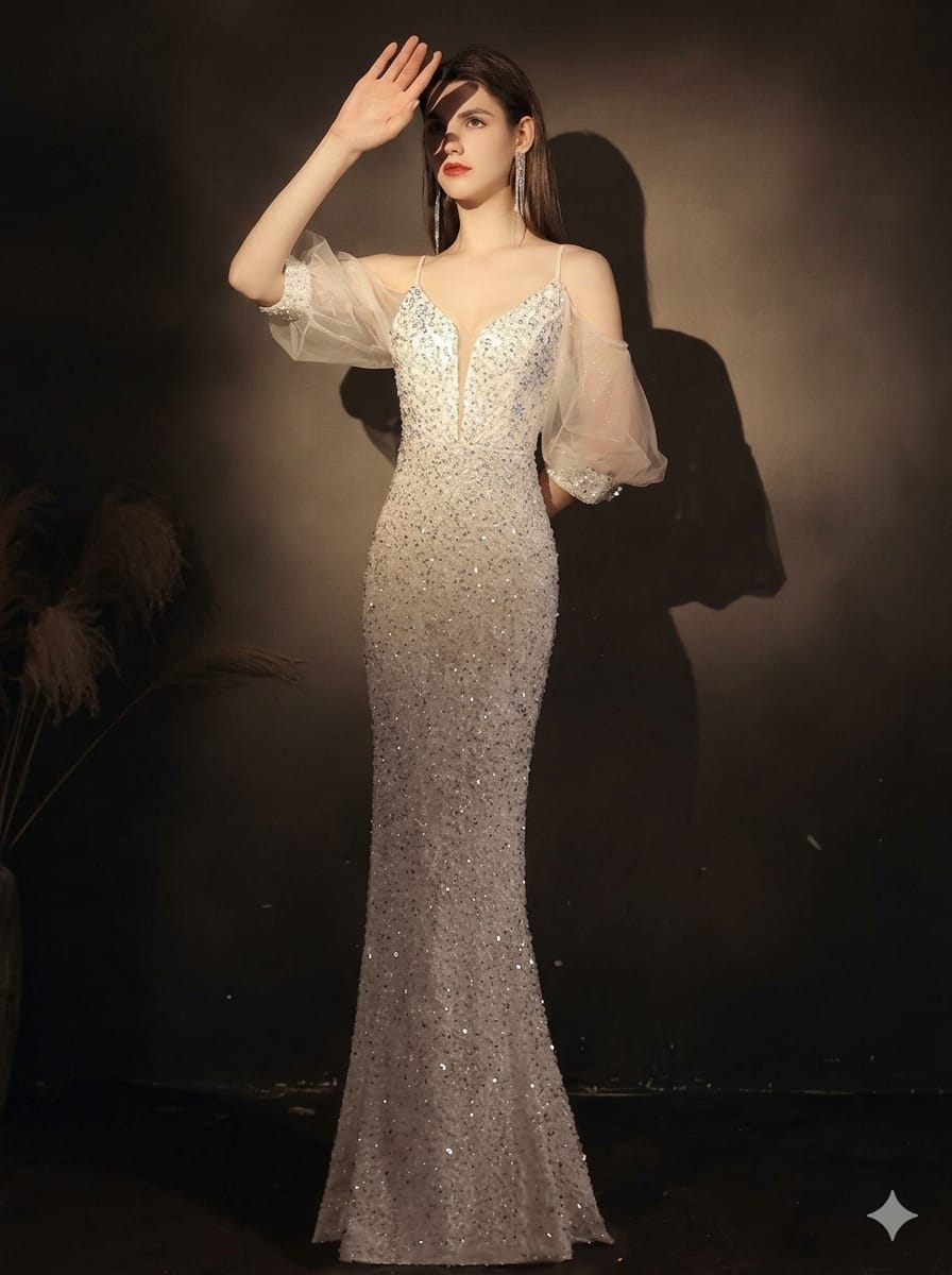 Celestial Sparkle Mermaid Evening Gown | Luxury Sequin Designer Dress Woman wearing a champagne silver mermaid evening gown with shimmering sequins, an illusion V-neckline, sheer puff sleeves, and a floor-length silhouette for a luxurious formal occasion.